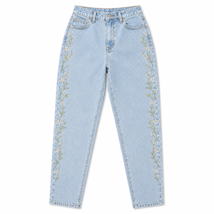 Jeans Acampanados con Bordado Floral en Degradado Azul y Negro para Mujer, Cintura Alta, Elásticos, Lavado Claro Vintage, Casuales, Otoño Invierno, Estilo Urbano - Product Image 4