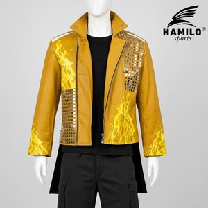 เสื้อแจ็คเก็ตมอเตอร์ไซค์ผู้หญิง HAMILO ลายพิมพ์เปลวไฟสีน้ำเงิน ประดับหมุด หนัง PU สำหรับขี่มอเตอร์ไซค์ - Product Image 3