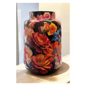 Vase en métal émaillé floral de luxe, pot à fleurs décoratif peint à la main, vase cylindrique noir vintage pour la maison, centre de table de mariage - Product Image 1