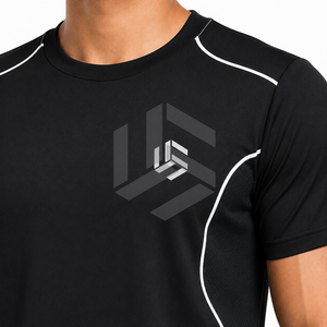 T-shirt formel à manches courtes noir pour homme avec rayures blanches, séchage rapide, coupe ample, col rond, en polyester tricoté - Product Image 6