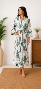 Bata de dormir de verano para mujer, larga, con estampado de pájaros, cuello en V, manga tres cuartos, de tela no tejida, 100% algodón, de secado rápido y transpirable - Product Image 3