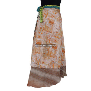 Jupe longue en soie vintage pour femme, style sari, à enrouler, coupe tube, 2 couches, 38 pouces - Product Image 4