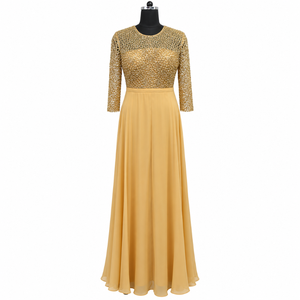 Golden Mesh Bodice Evening Dress O Neck Three Quarter Sleeves A-Line Formal | Golden <b>Floor</b> <b>Length</b> Embellished Formal Party <b>Gown</b> - Product Image 1