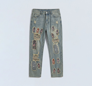 High Waist Slim Fit Patchwork <b>Jeans</b> With <b>Embroidered</b> Patches Distressed Denim Casual Style Spring Cotton Fabric - Product Image 1