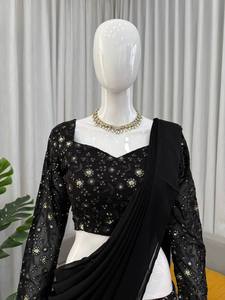 Conjunto Lehenga Choli Sharara Negro Bordado para Mujer, Étnico, Reversible, de Secado Rápido, Largo hasta el Tobillo, para Fiestas, Bodas, Diwali - Product Image 3
