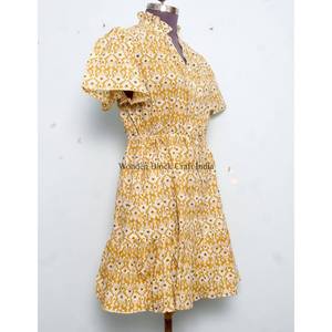 Indian Cotton Long Sleeve A-Line Short Dress Floral Wrap <b>Mini</b> Pattern for Women O-Neck Summer Beach Dress Beginner Friendly - Product Image 4