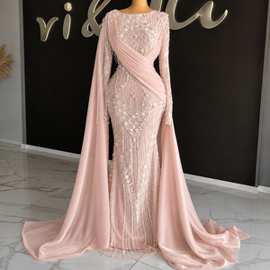 Robe de soirée de luxe en satin moderne, longueur ras du sol, ornée de cristaux lavande, coupe droite naturelle, écologique, manches classiques, style portefeuille - Product Image 1