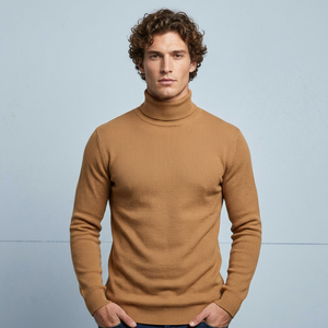 Suéter de Cuello Alto para Hombre, Color Mostaza, Tejido de Punto, Manga Larga, Estilo Casual, Cuello Alto, Tejido Elástico 1/1, 220g, Invierno - Product Image 6