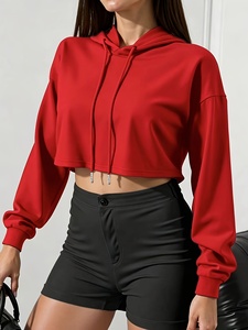 เสื้อฮู้ดครอปผู้หญิง สีพื้น แขนยาว ผ้าถัก ผ้าฝ้าย ใส่ได้ในฤดูใบไม้ร่วง สีแดง สไตล์ลำลอง - Product Image 1