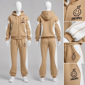 <b>Women's</b> Khaki <b>White</b> Color Zip Hoodie Tracksuit Set Fleece <b>Jogger</b> Pants Casual Streetwear Custom Private Label Apparel - Product Image 1