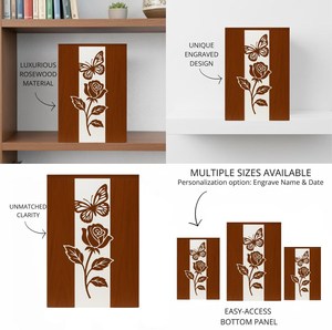 Urne funéraire de luxe en bois avec motif papillon et rose – Élégante boîte à cendres commémorative florale - Product Image 2