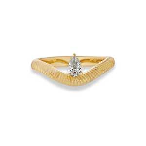 Anillo de Diamantes Solitario en Forma de Pera de 0.50 Quilates, Oro Sólido de 18K, Diamante de Laboratorio, Banda Curva en Forma de V con Textura Acanalada, Joyería Fina de Moda - Product Image 1