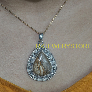 Pendentif en jaspe naturel, argent sterling 925, fait main, forme goutte d'eau, bijoux vintage de créateur, cadeau pour femme, pièce maîtresse - Product Image 2