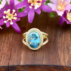 Blue Copper Turquoise <b>Ring</b> 18K Gold Vermeil Oval Gemstone <b>Statement</b> <b>Ring</b> Rope Band Handmade Gift for Her - Product Image 1
