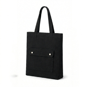 <b>Canvas</b> <b>Tote</b> Bag Black Medium Size Shoulder Handle Front Pocket Button Closure Daily Use Shopping Bag - Product Image 5