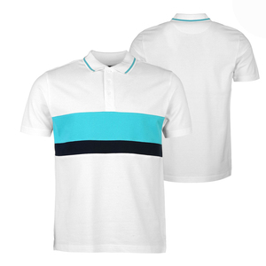 Polo à manches courtes pour homme, color-block blanc avec rayures marine, style décontracté tissé, coupe classique, haute qualité - Product Image 1