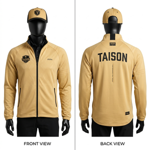 Chaqueta de Entrenamiento de Golf para Hombre, 290 GSM, Tela de Poliéster y Spandex de Alto Rendimiento, Color Beige Dorado con Detalles Negros, Logotipo Personalizado - Product Image 1