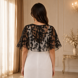 Women's Black Beaded Collar | Sheer Mesh Embroidered Capelet | <b>Sequin</b> Floral Shoulder Overlay Round Neck Accessory for Evening - Product Image 3