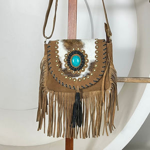 Wholesale Products Cowhide Suede Leather Fringe <b>Bag</b> High Quality Leather Women Shoulder & Crossbody Handbag With Turquoise Stone - Product Image 4