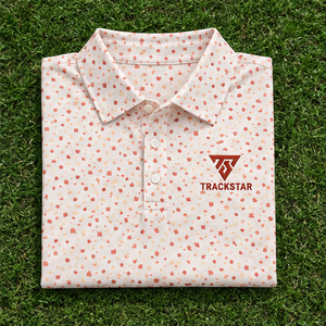 Polo pour homme Trackstar, blanc, imprimé confettis corail, manches courtes, col boutonné, chemise de golf décontractée, logo personnalisé - Product Image 6