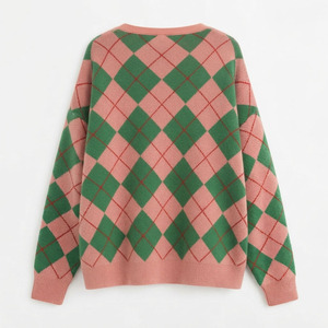 <b>Custom</b> Pink Green Argyle Knitted Cotton Breathable V-Neck Button Sorority Cardigan Women Casual Sweater Long Sleeve Regular Fit - Product Image 2