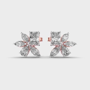 IGI Certified Lab Grown Radiant Cut Diamond Floral Cluster <b>Stud</b> Earrings 9K Yellow/White/Rose Gold Marquise Diamond Earrings - Product Image 6