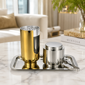 Juego de quemador de incienso Mabkhara de metal con pinzas y tapa en bandeja, acabado en oro y plata, soporte de aromaterapia para uso en interiores. - Product Image 3