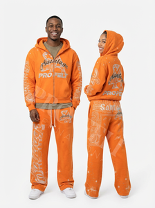 Veste à capuche zippée unisexe personnalisée avec strass imprimés et design graphique, pantalon décontracté 100 % coton - Product Image 4