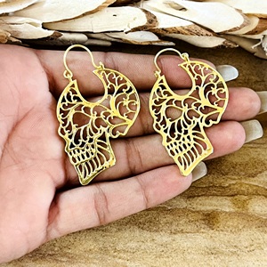 Unique Design Gothic <b>Skull</b> Drop Earrings Boho Brass Earrings Women 18k Gold Plated Filigree Dangle Earrings for Wholesale/OEM - Product Image 2