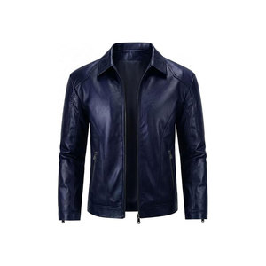 Veste en cuir PU bleu marine pour homme avec fermeture éclair, col rabattable, coupe ajustée, style automne - Product Image 1
