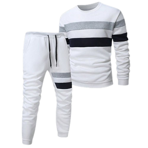 Mens White Grey and Black Striped <b>Crewneck</b> Sweatshirt and Matching Joggers Tracksuit OEM ODM Wholesale Apparel - Product Image 1