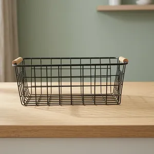 <b>Black</b> Metal <b>Wire</b> Storage <b>Basket</b> with Wooden Handles for Kitchen Fruits Vegetables Countertop Organizer Home Storage <b>Basket</b> - Product Image 6