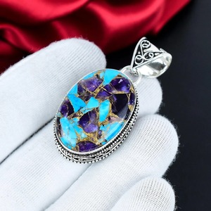 Blue <b>Copper</b> Turquoise Oval Bezel Setting Pendant 925 Sterling Silver Handmade Gemstone Necklace Wholesale Jewelry Unisex - Product Image 6