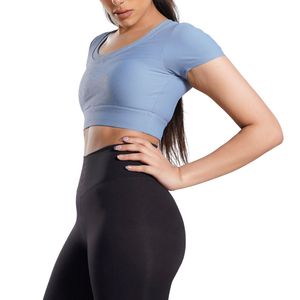 Haut court personnalisé pour femme, vente en gros, manches courtes, t-shirt de yoga et de gym, extensible, respirant, pour fitness et entraînement, vêtement de sport - Product Image 3