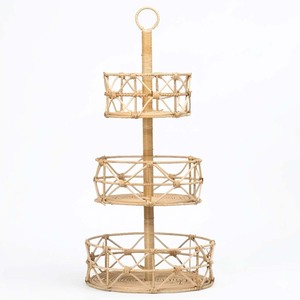 Rattan 3 tiered <b>basket</b> shelf handmade tabletop organiser stand fruit pastry snack <b>display</b> rack - Product Image 2