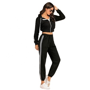 Wholesale women sportswear stitching stripe tracksuit zipper crop top <b>hoodie</b> with matching yoga pants - Product Image 1