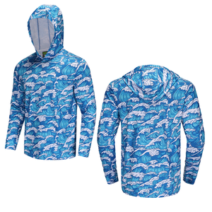 Chemise de pêche unisexe à capuche imprimé paon bleu 100 % polyester UPF 50 anti-UV respirante pull-over avec logo personnalisé sur le devant pour l'extérieur - Product Image 3