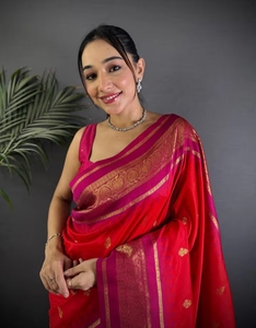 KV <b>Red</b> Women Kanjivaram Pure Soft Silk Saree With Unstitched <b>Blouse</b> - Product Image 1