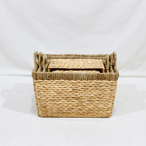 Best Selling Simple Eco-Friendly Water Hyacinth <b>Rectangular</b> Woven <b>Storage</b> <b>Basket</b> Set with Handles for Laundry - Product Image 3