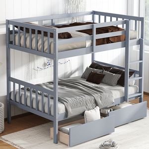 Twin Over Twin Rubber <b>Wood</b> <b>Bunk</b> <b>Bed</b> with 2 Drawers Convertible Into 2 Twin <b>Beds</b> Ladder Safety Guard for Kids' <b>Beds</b> - Product Image 4