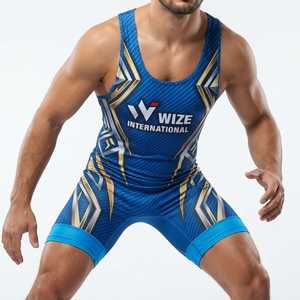 Wize International Blue Wrestling Singlet With Gold <b>Silver</b> Geometric Design Men's Gym Wear Men Singlets - Product Image 1