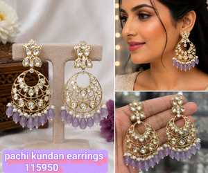 Pendientes de Moda de Alta Calidad, Estilo Étnico Tradicional, Chapados en Oro, con Piedras y Perlas, Diseño Paisley Kundan para Mujer - Product Image 1