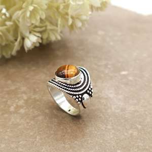 Brass Natural Tiger Eye 925 Sterling <b>Silver</b> Unisex Handmade Bezel <b>Set</b> Boho Statement <b>Ring</b> Vintage Tribal Band - Product Image 4