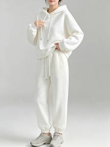 Survêtement à capuche pour femme, couleur unie, manches longues, sweat-shirt décontracté, pantalon à taille élastique, respirant, poids moyen, tenue de jogging - Product Image 3