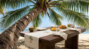 Wholesale Customized Natural Linen <b>Table</b> <b>Runners</b> Embroidered Double Palm Tree Hemstitch <b>Runner</b> Washable Durable Home Events - Product Image 2
