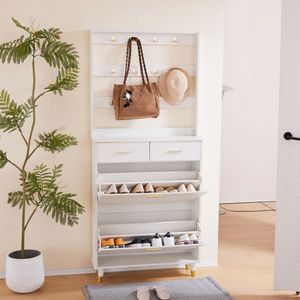 White Entryway Bedroom Armoire with Hanging Rod Shoe Cabinet and Wardrobe Closet Drawers Shelves Handles Portable Wardrobes - Product Image 4
