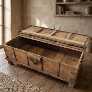 Vintage Heritage Old Wooden Large <b>Storage</b> Trunk <b>Chest</b> Box Coffee Table with Metal Fittings for Farmhouse Home Hotel Bedroom - Product Image 5