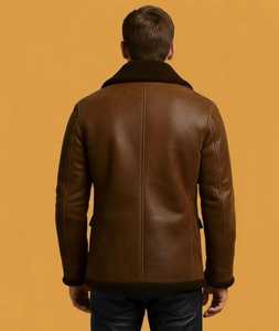 Veste en cuir véritable marron pour homme, col rabattu, doublure en sherpa, coupe-vent, décontractée, hiver, longueur normale, couleur unie - Product Image 2