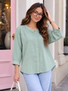 Women's <b>Linen</b> Blouse Solid Color O-Neck Three Quarter Sleeve Casual Loose Fit Spring Summer Breathable <b>Top</b> - Product Image 1