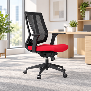 Chaise de bureau ergonomique en maille, siège rouge, dossier noir, accoudoirs fixes, base pivotante, quatre pieds, hauteur réglable, pliable, contemporaine - Product Image 1